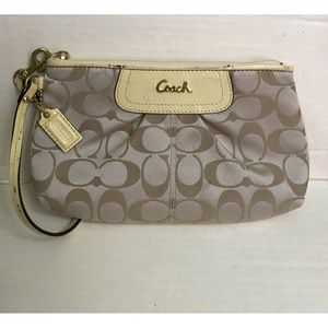 Beautiful Vintage Coach Ivory & Tan Canvas Monogram Bag Wristlet